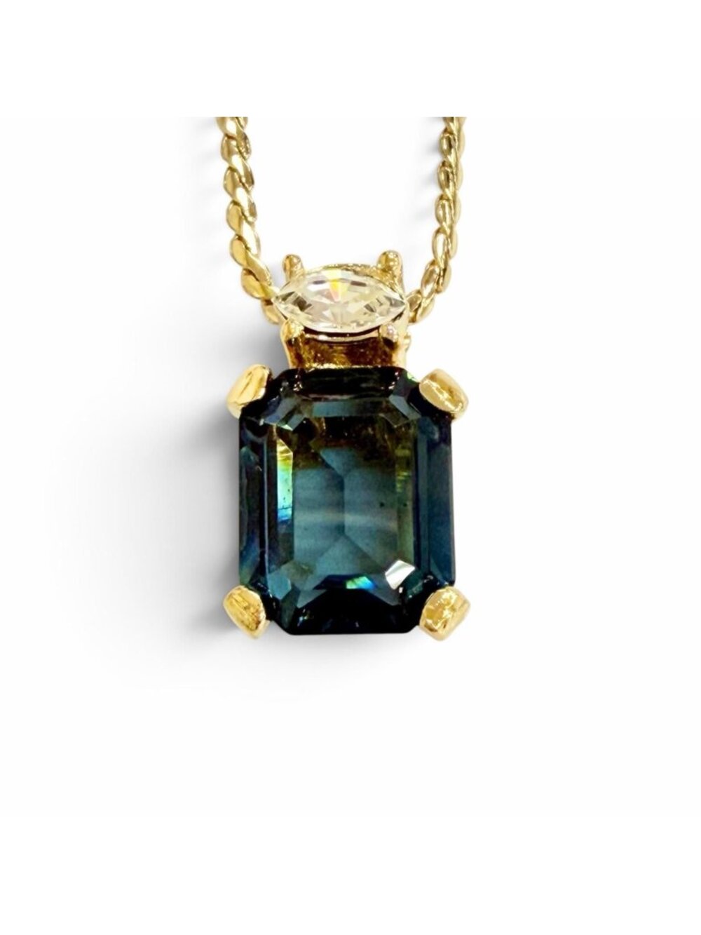 Dior Vintage Square Color Stone Necklace Gold Light Blue